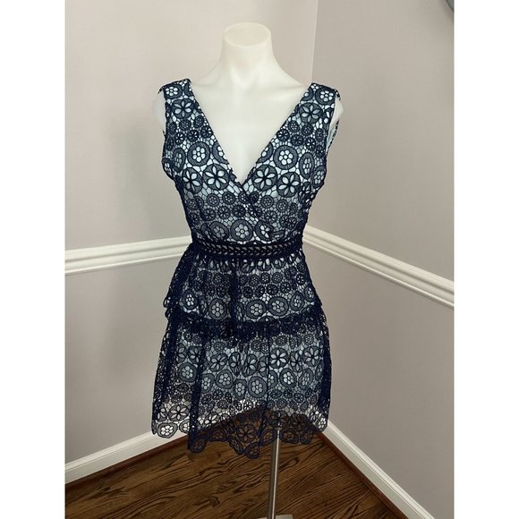 SELF-PORTRAIT Guipure Lace V Neck Fit Flare Sleeveless Mini Dress Blue Size 2 - Picture 3 of 5